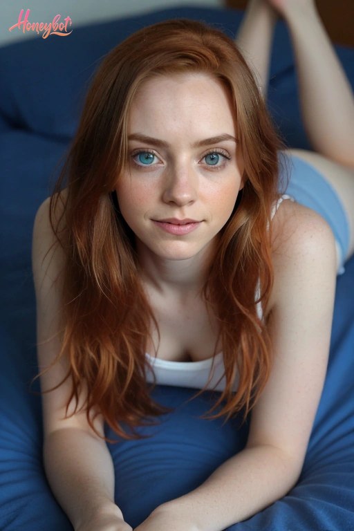 A young woman with long, wavy red hair and blue eyes is lying on her stomach on a blue surface, possibly a bed or couch. She is wearing a white tank top and looking directly at th…